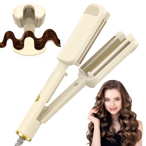 AISEELY Rizador de Pelo, 32 MM Rizador Pelo Ondas, 3 Barriles Ondulador de Pelo Iónico, 4 Temperatura Ajustable 140°C y 220°C, Anti-Escaldaduras, Plancha Ondas para Principiantes - Blanco Roto