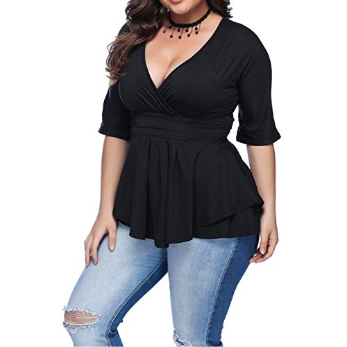 YOUNDI Women's Plus Size Blouse Sexy Deep V Neck Pleated Half Sleeve Ruched Promenade Tops3