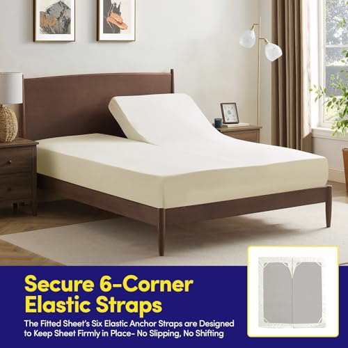Image of Split Head King Sheets Set for Adjustable Beds 4 Piece Flex Top Bed Sheets - Deep Pocket Split Top Fitted Sheet with Built-in Corner Straps, Luxury Soft Cooling Bedding, Wrinkle Resistant, Ivory