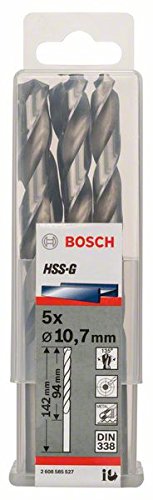 Bosch 2608585527 Din338 HSS-G Metal Drill Bit, 10.7mm x 94mm x 142mm, Silver, Pack of 5