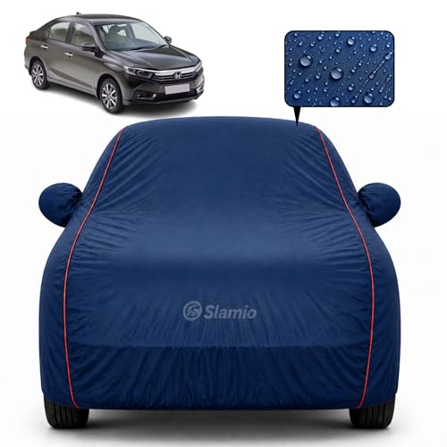 Image of Premium 100% Waterproof Car Cover for Honda's Amaze 2018-2022 Models All-Weather, UV & Dust Protection | Heavy-Duty 3-Layer Fabric | Custom Fit with Mirror & Antenna Pockets | Navy Blue