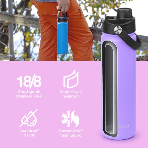 Image of ThermoProof Double-Walled Vacuum Insulated Stainless Steel Water Bottle - Wide Mouth with Chug & Spout Lids, Dishwasher Safe, Reusable, Leakproof, Hot & Cold for Men, Women & Kids - 22oz, Lavender