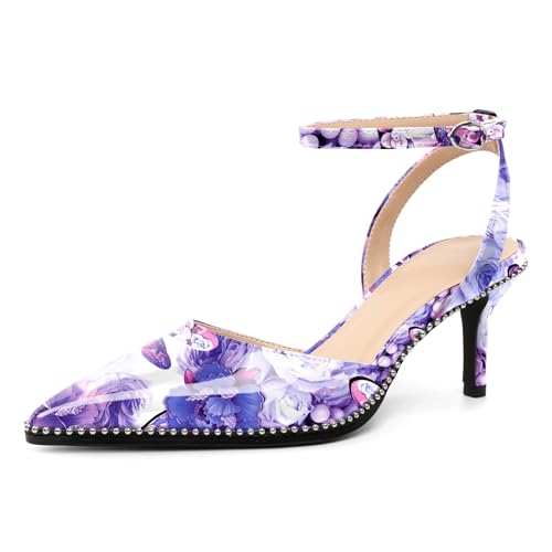 Image of SAMMITOP Kitten Heels for Women Low Heel Closed Toe Ankle Strap Pumps Wedding Party Beaded Dress Shoes 2.4 Inch