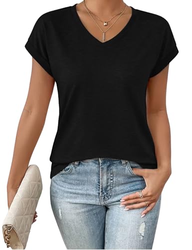 Demegimi Tee Shirt Femme Col en V Coupe Ample Dissimule Le Ventre Haut Été Décontracté Chic Manche Courte T-Shirt Basique,Noir,S