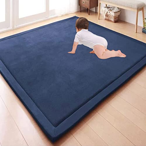 Alfombra de área grande súper suave para jugar y estudiar al bebé, alfombra gruesa de terciopelo coral, antideslizante, para yoga, para niños, azul marino, 120 x 120 x 2 cm