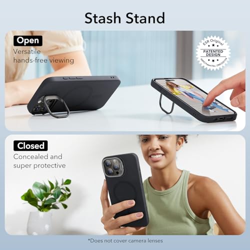 Image of ESR for iPhone 15 Pro Max Case, MagSafe Silicone Case with Stand, Military-Grade Protection, Built-in Camera Stash Stand, Magnetic Phone Case for iPhone 15 Pro Max, Cloud Series, Black