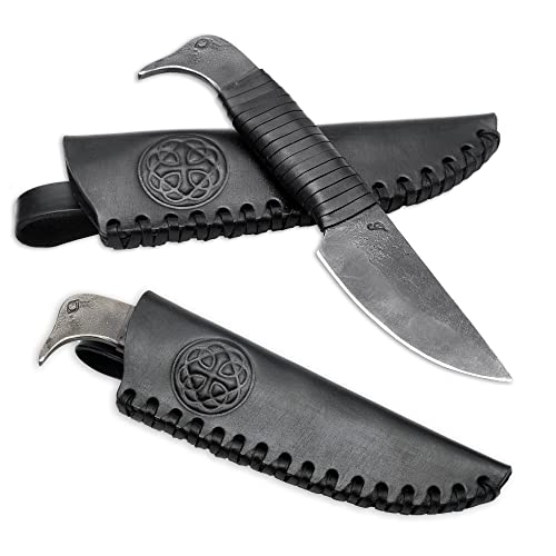 Toferner Cuchillo vikingo Cuervo de Odín, cuchillo nórdico forjado a mano con funda de piel auténtica, hoja endurecida, cuchillo nórdico, idea de regalo original para hombres