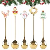 5 Stück Weihnachtslöffel Set, Edelstahl Teelöffel, Weihnachten Style Kaffeelöffel, Kleine Dessertlöffel für Kaffee, Tee, Dessert, Eiscreme Party Tischdekorationen