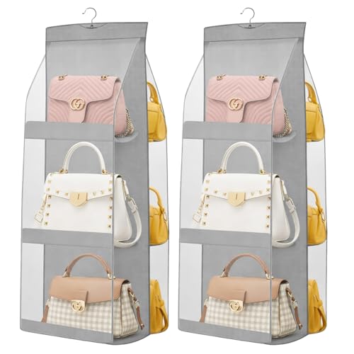 Image of LAXIS 3 Pockets Handbag Organizer for Closet, Purse Organizer Hanging Closet, Bag Organizer Purse Organizer, Handbag Organizer for Wardrobe, Hanging Bag Storage Organizer Holder (Grey) (Pack of 2)