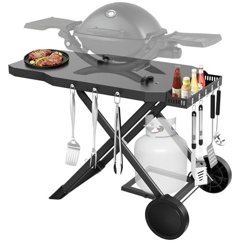 Image of Upgraded Portable Grill Cart for Weber Q1200, Q1000, Q2200, Q2000, Q2400, Foldable Cart for Weber Q Series Gas Grills, Outdoor BBQ Stand with Propane Tank Holder for Travel and Camping