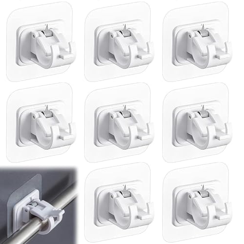 BRITECO Easy Install 8Pcs Self Adhesive Curtain Rod Hooks - No Drill, Stick On Curtain Rod Holders, Secure Wall Curtain Rod Brackets
