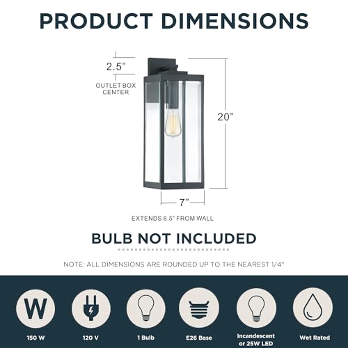 Image of Quoizel Westover 20 inch Outdoor Wall Lantern, Earth Black | 1-Light, Clear Beveled Glass, E26 Base, ETL Wet Rated