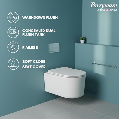 Image of Parryware CONFIDENT Ceramic Wall Hung Western Commode for Bathroom | Rimless Washdown Flush Commode with UF Soft Closing Toilet Seat | Elongated Wall Mount Ewc | Space Saving | C890U