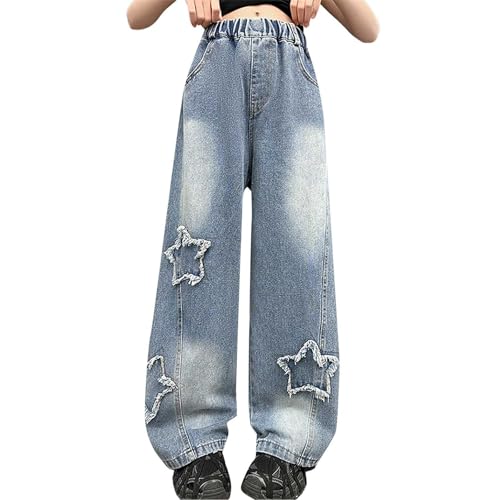 Jeans for Girls Baggy Wide Leg Cute Bow High Elastic Waisted Denim Pants Y2K Streetwear Kids Jeans