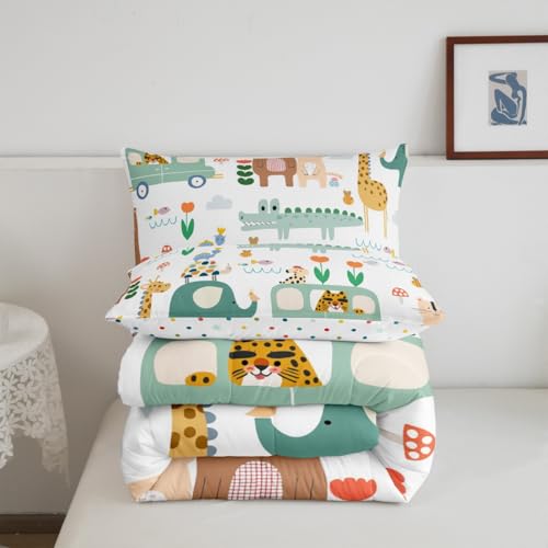 Image of Feelyou Zoo Animals Comforter Set Full Size, Cartoon Elephant Comforter for Kids Boys Girls Crocodile Bedding Set Bear Rabbit Duvet Insert with 2 Pillow Case