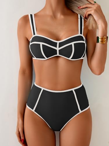 Eomenie Bikini Sets for Women Two Piece Swimsuits High Waisted Color Block Bathing Suits Tie Back Swimwear4
