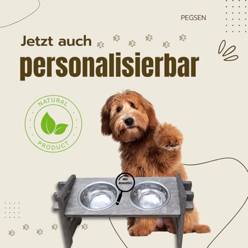 Personalisierte Futterstation in Grau | Erhöhter Futternapf für Hund und Katze | Fressnapf höhenverstellbar | Hundenapf erhöht | Katzennapf | Futterbar aus Holz