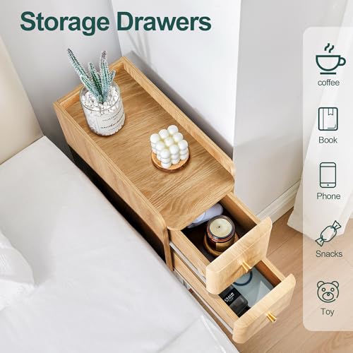 Image of Narrow Nightstand Set of 2, Wooden Small 2 Drawer Nightstand, Slim Side End Table, Skinny Bedside Table, Mid Century Modern Night Stand with Drawers for Bedroom (Natural 2-2 pcs)