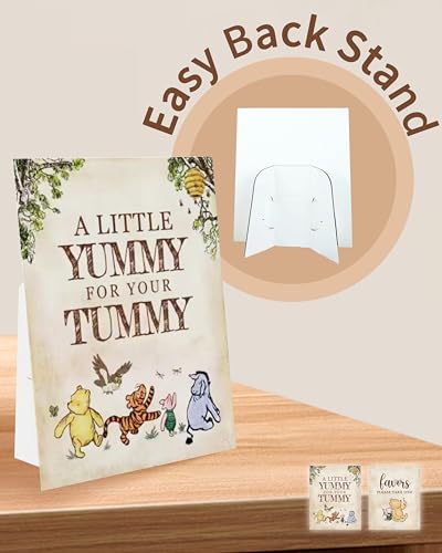 6PCS Winnie Table Sign with Stand, A Little YUMMY FOR YOUR TUMMY, Winnie Baby Shower Decorations, Classic Pooh Party Supplies, Vintage Winnie 8x10INCH
