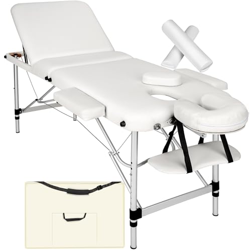 tectake® Camilla de Masaje Plegable de Aluminio, Estética Profesional para Quiromasaje, Tatuajes, Reiki y Fisioterapia - Altura Ajustable, 3 Zonas, con Bolsa de Transporte - Blanco