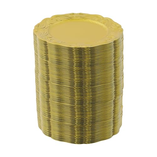 100 Platos Plástico Redondos Decorativos, 12.8 in, Dorado miniatura 6