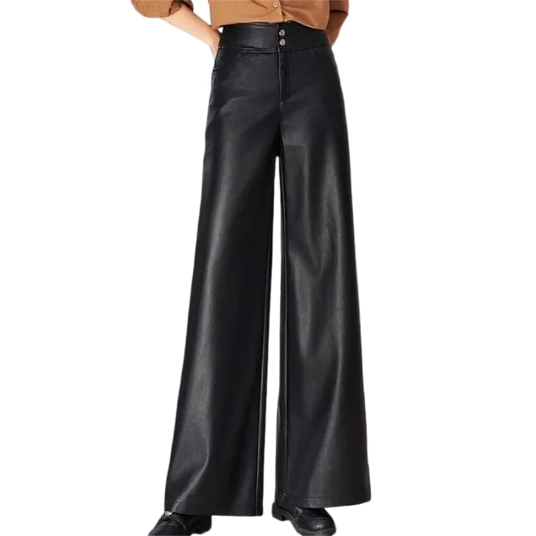 Women High Waist Loose Fit Thickened Leather Pants Wide Leg Trousers Long Pants Fall Winter
