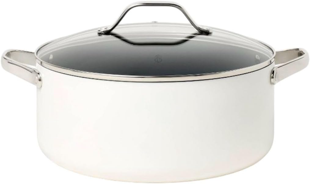 8 Quart Nonstick Ceramic Coated Aluminum Wide Stock Pot with Glass Lid (White cream)