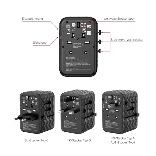 Verbatim GaN Universal Reiseadapter UTA‑05 65 W, Steckdosenadapter mit 2 USB‑A und 2 USB-C Anschlüssen, Schnellladegerät für Laptop, MacBook, iPhone 17, Reisestecker weltweit einsetzbar, 100-250 V