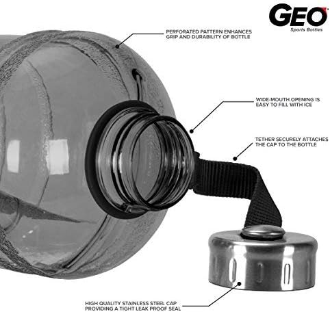 Geo Sports Bottles 1/2 Gallon (64 oz) BPA Free Reusable Leakproof Wide Mouth Sports Water Jug Bottle with Handle and 48mm Stainless Steel Cap (Black) - Image 3
