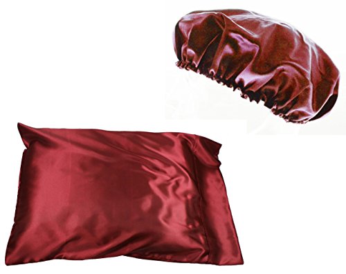 LJL Design 1pc Queen/Standard Silk~y Satin Pillow Case with 2pc Matching Bonnet Set (Burgundy)