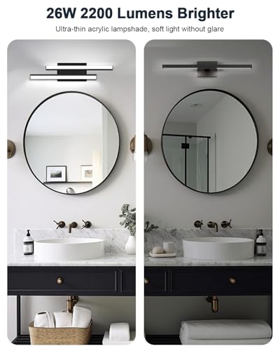 Image of Modern LED Bathroom Light Fixtures 24 Inch 2 Pack, 26W 2200 Lumens Retractable,Dimmable Bathroom Vanity Fixtures Over Mirror,Lighting Indoor,Black Light Fixtures, 5700K
