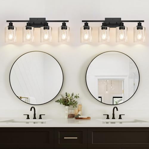 Image of MOKATNG 4-Light Bathroom Light Fixtures, Vanity Light with Clear Glass Shades, Matte Black Bathroom Light Fixtures Over Mirror, Modern Bathroom Wall Lamp for Mirror Living Room Cabinet Bedroom