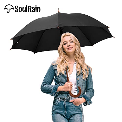 Soulrain 48" Arc Classic Wood Handle Umbrella Auto Open Windproof Unbreakable Stick Rain Umbrella (Black Umbrella) #TOP2