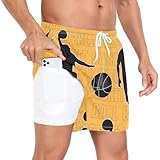 GuoChe Traje de baño corto para hombre, pantalones cortos de entrenamiento 2 en 1, color negro, para jugadores de baloncesto, color naranja con forro, pantalones cortos de voleibol, Black Basketball