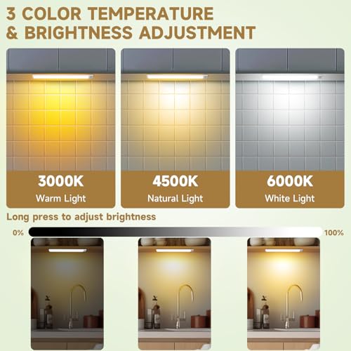 Image of 16 inch Under Cabinet Lighting, 80 LED Rechargeable Battery Motion Sensor Closet Light, 3 Color Temperature Dimmable Wireless Magnetic LED Closet Light for Kitchen, Shelf, Wardrobe, 6 Pack