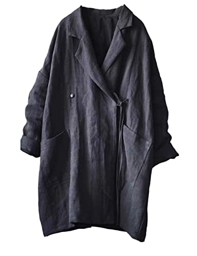 NFYM Women's Casual Linen Jacket Mid Length Lapel Blazer Open Front Long Sleeve Cardigan Black Trench Coat