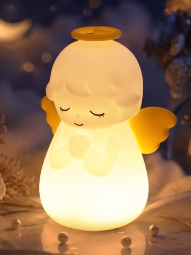Image of Ammonite White Angel Night Light, Soft Silicone Nursery Lamp with RGB 30-Minute Timer, Touch Control Nightlight for Bedroom Decor, Christening Baptism Gifts Christmas Birthday Gift