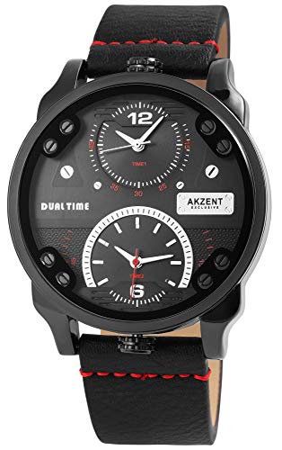 Akzent Exclusive Herren – Uhr Lederimitations Armbanduhr Dual Time Analog Quarz 2900123 (Schwarz/Rot/Schwarz)