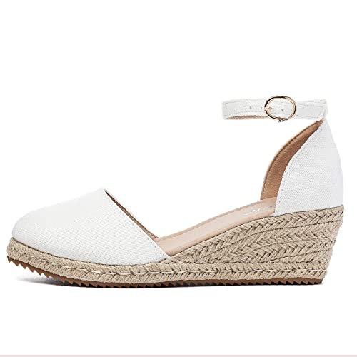 Image of Altxic Women's Closed Toe Canvas Ankle Strap Espadrilles Wedge Sandals