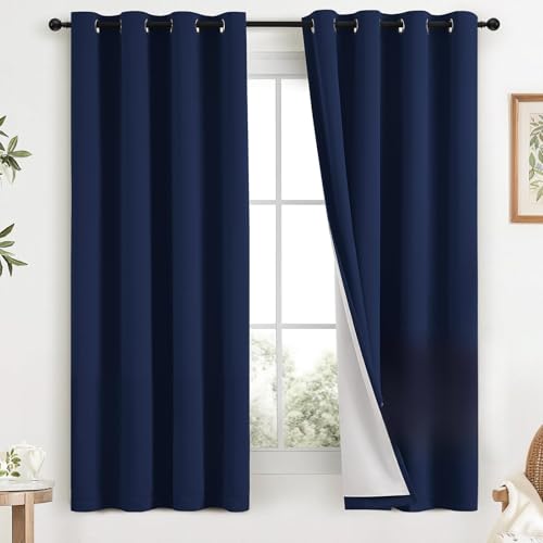 Image of COSVIYA Navy Blue 100% Blackout Curtains for Bedroom with White Back | 2 Thick Layers Full Room Darkening Thermal Insulated Curtain,Grommet Window Drapes for Living Room, 52x63 Inch, 2 Panels