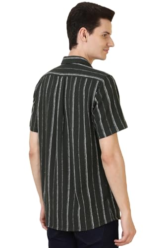 Image of Allen Solly Men's Regular Fit Striped Casual Shirt | Textured Cotton‑Blend Fabric | Half Sleeves | Spread Collar | Beige | Everyday Stylish Casual Wear