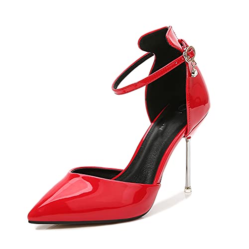 LIZONGFQ Mujeres Bombas Nightclub tobillo correa 10cm fino tacón alto zapatos de boda señora Pointe Toe Cosplay sandalias Cover