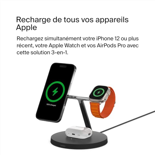 Belkin Chargeur magnétique 3-en-1 MagSafe, 15 W, chargeur sans fil, recharge rapide d'iPhone, d'Apple Watch et d'AirPods, chargeur MagSafe sans fil pour iPhone 16, 15, 14, 13, Apple Watch et AirPods