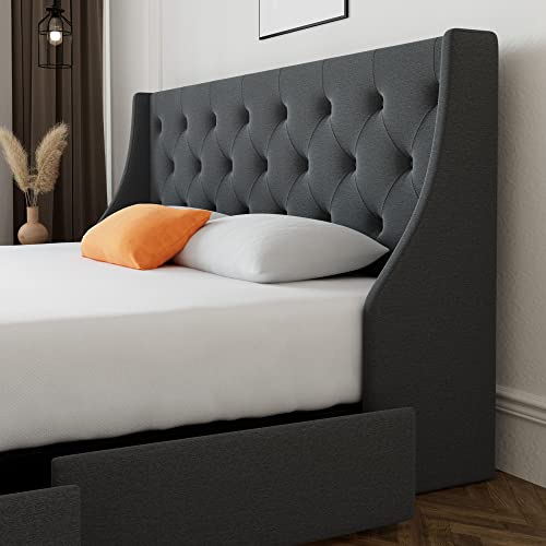 Sha Cerlin Upholstered Full Size Platform Bed Frame With 4 Storage Drawers And Wingback Headboard, Diamond Stitched Button Tufted Design, No Box Spring Needed, Dark Grey #TOP3