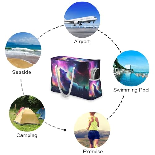 Aurora Borealis Qolf Beach Bag with Top Zipper Closure, Waterproof Pool Bag, Large Beach Tote for Women#64