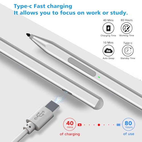 Image of Milikilo Stylus Pen for Microsoft Surface Pro11 /10 /9 /8 /X /7+ /6 /5 /4 /3, Surface Go 4 /3 /2 /1, Surface Laptop1-6 /Studio /Book 3 /2 /1 with Eraser Side Button,Palm Rejection,Tilt Function,1024 Pressure, Silver