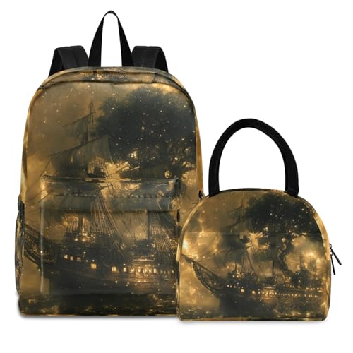 Backpack Lunch Box Set Large Capacity Travel Backpacks and Insulated Lunch Bag for Commute Hiking Picnic Surreal Boat Print