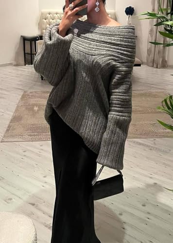 NRTHYE Women Off The Shoulder Sweater Top Long Sleeve Ribbed Knit Chunky Slouchy Asymmetrical Pullover Sweaters3