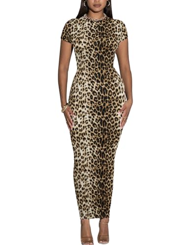 Image of Women's Long Bodycon Dresses Leopard Print Casual Maxi Club Party Tight Dress Short Sleeve