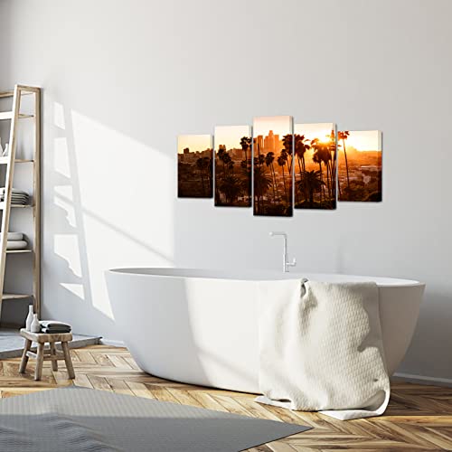 KREATIVE ARTS 5 Panel Los Angeles Wall Art Beautiful Sunset Through the Palm Tree LA Skyline Canvas Print California Home Decor Artwork Gallery Wrapped Wood Stretched and Ready to Hang 50x24 inches by KREATIVE ARTS - Used condition - Image 4